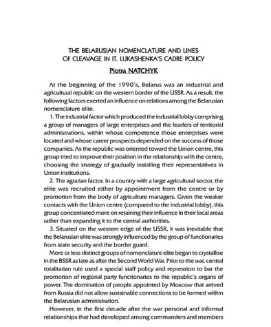 The Belarusian Nomenclature and Lines of Cleavage in It. Lukashenka's Cadre Policy 