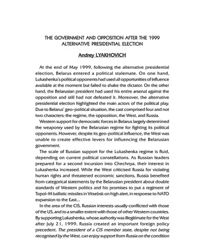 The Government and Opposition after the 1999 Alternative Presidential Election