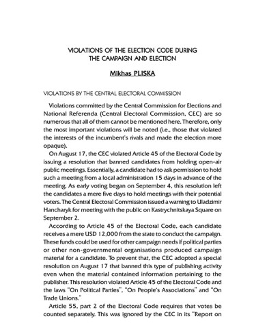 Violations of the Election Code During the Campaign and Election
