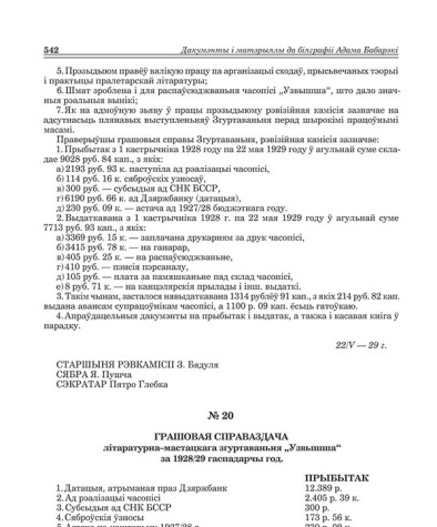 № 20. Грашовая справаздача літаратурна-мастацкага згуртаваньня "Узвышша" за 1928/29 гаспадарчы год
