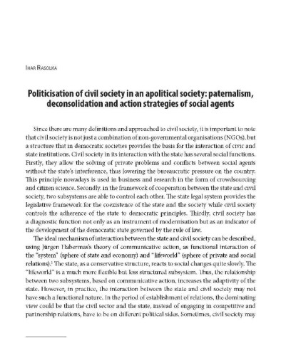 Politicisation of civil society in an apolitical society: paternalism, deconsolidation and action strategies of social agents