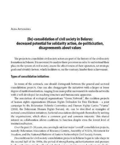 (De)-consolidation of civil society in Belarus: decreased potential for solidarity action, de-politicisation, disagreements about values