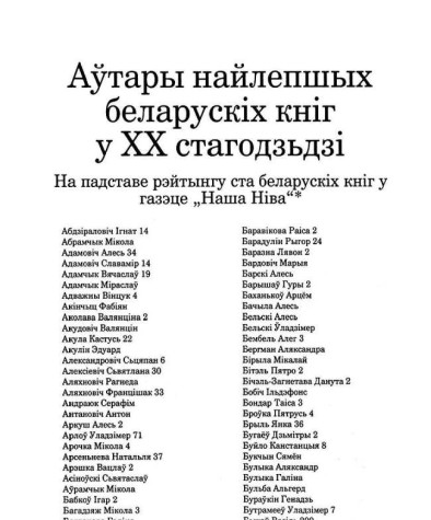 Аўтары найлепшых беларускіх кніг ХХ стагодзьдзя. На падставе рэйтынгу ста беларускіх кніг у газэце "Наша Ніва"